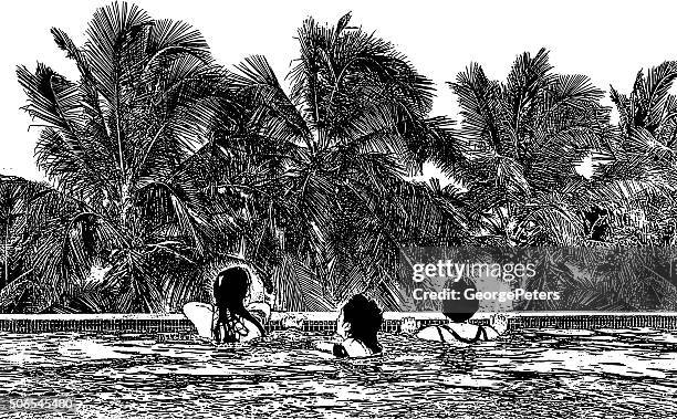 women enjoying infinity pool, view of ocean and palm trees - infinity pool stock illustrations