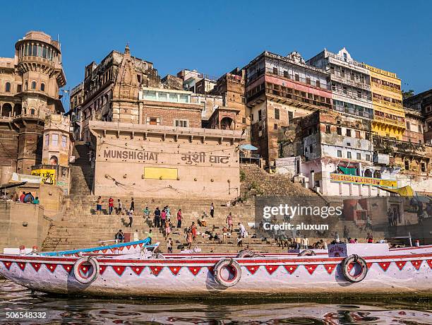 ganges river passing munshi and ahilya ghat varanasi india - varanasi panorama stock pictures, royalty-free photos & images