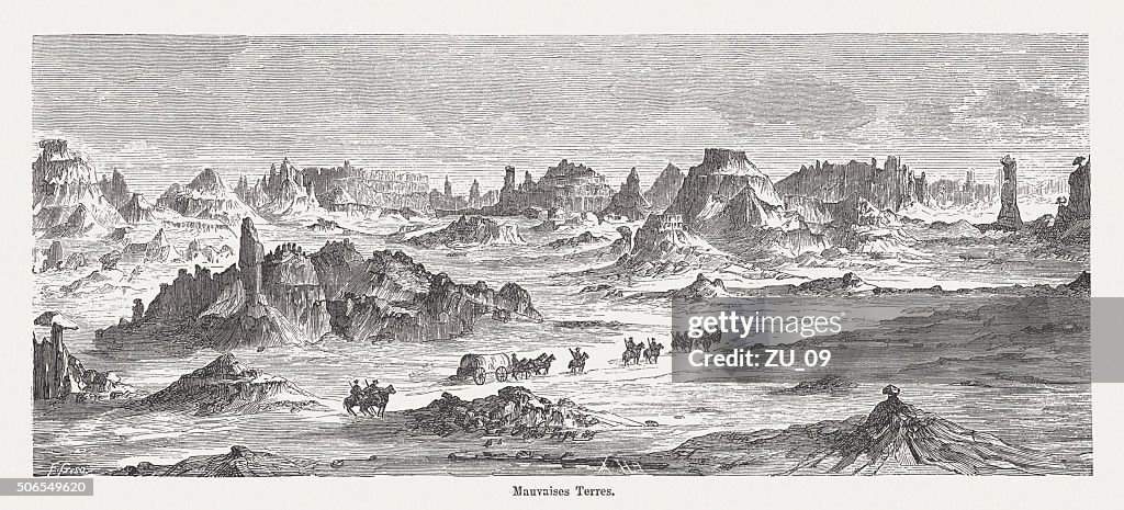 Badlands in South Dakota, wood engraving, published in 1882