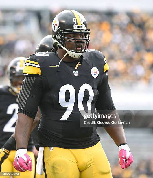 Defensive lineman Steve McLendon of the Pittsburgh Steelers looks on from the field during a game against the Arizona Cardinals at Heinz Field on...