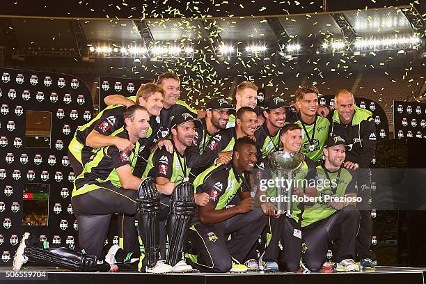 Sydney Thunder celebrate after a win during the Big Bash League final match between Melbourne Stars and the Sydney Thunder at Melbourne Cricket...