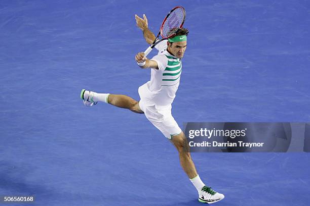 Roger Federer of Switzerland plays a backhand hand in his fourth round match against David Goffin of Belgium during day seven of the 2016 Australian...