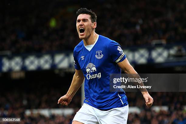 Gareth Barry of Everton celebrates after scoring his team's first goal during the Barclays Premier League match between Everton and Swansea City at...