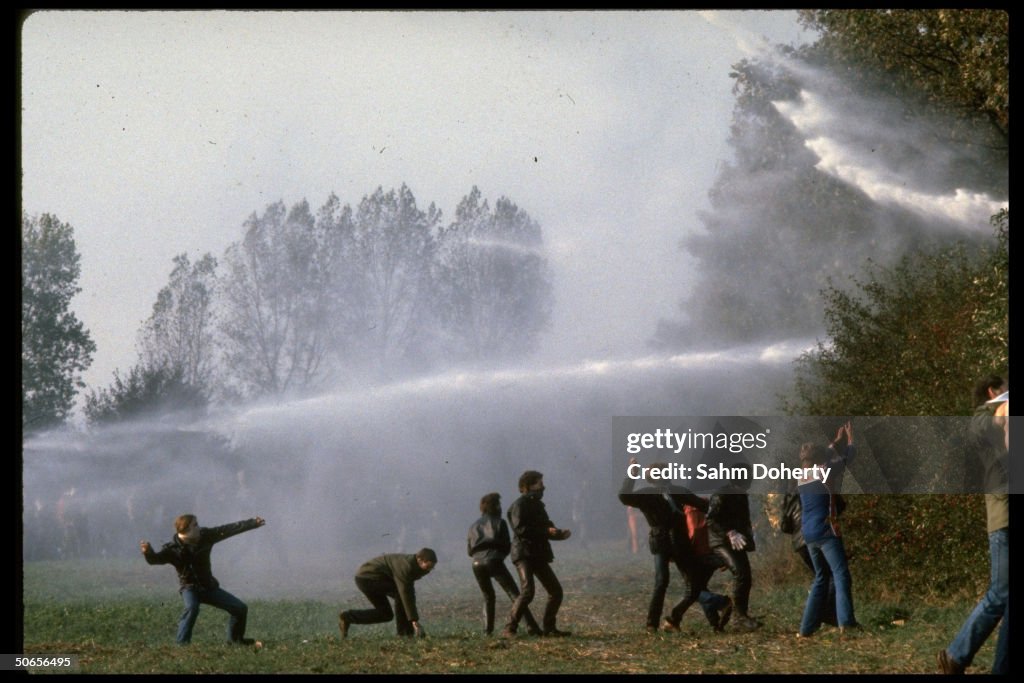 West German police using water cannon on