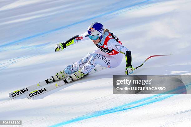 Winner US Lindsey Vonn competes in the FIS Alpine Skiing World Cup Women's SuperG on January 24, 2016 in Cortina d'Ampezzo, northern Italy. American...