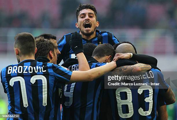 Rodrigo Palacio of FC Internazionale Milano celebrates with his team-mates after scoring the opening goal during the Serie A match between FC...