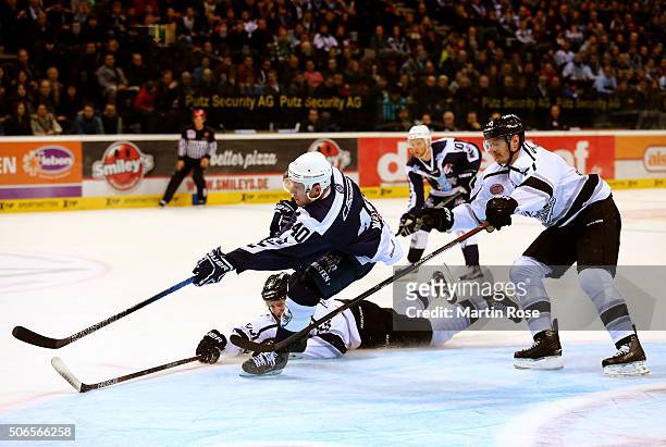 Marcel Müller of Hamburg Freezers battles for the puck with David Steckel of Thomas Sabo Ice Tigers during the DEL game between Hamburg Freezers and...