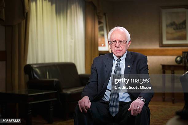 Democratic presidential candidate U.S. Sen. Bernie Sanders sits in a hotel conference room waiting for the start of an interview with a network news...