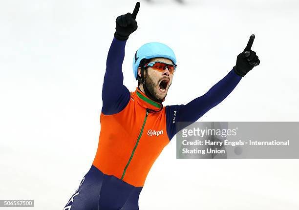 Sjinkie Knegt of the Netherlands celebrates winning the Men's 5000m Relay Final on day three of the ISU European Short Track Speed Skating...