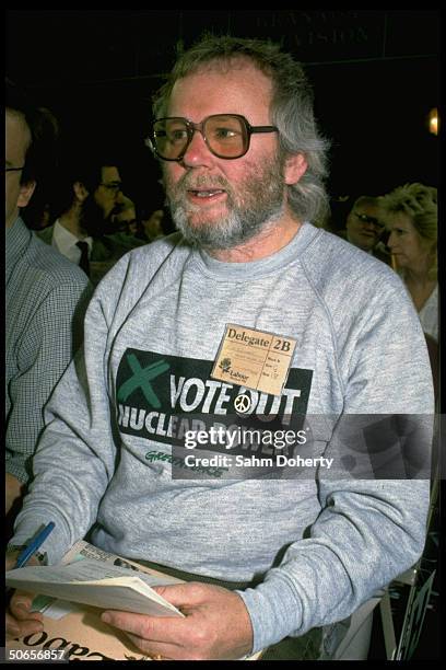 Anti-nuclear power delegate sitting at British Labor Party conference.