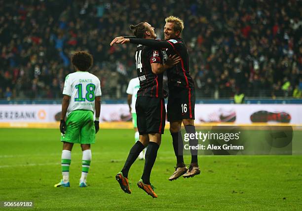 Alexander Meier of Eintracht Frankfurt celebrates with Stefan Aigner as he scores their second goal during the Bundesliga match between Eintracht...