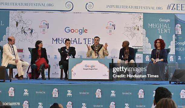 Gerard Russell, Laleh Khalili, Vali Nasr, Omar Barhouti, Sulaiman Addonia and Mona Eltahawy during the session "After the Arab Spring" at Jaipur...