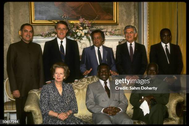 Rajiv Gandhi, Brian Mulroney, S.S. Ramphal, Robert Hawke & Robert Mugabe Margaret Thatcher, Lynden Pindling & Kenneth Kaunda at Commonwealth meeting...