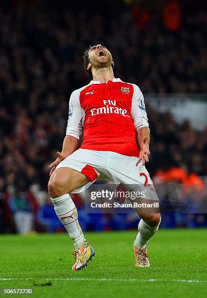 Mathieu Flamini of Arsenal reacts to a missed opportunity during the Barclays Premier League match between Arsenal and Chelsea at Emirates Stadium on...