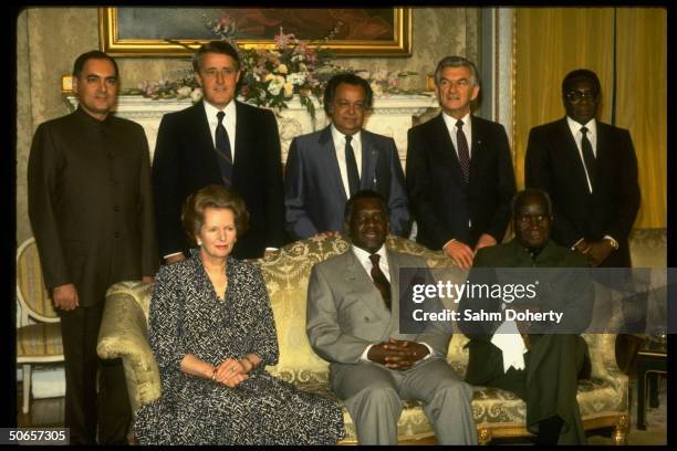 Rajiv Gandhi, Brian Mulroney, S.S. Ramphal, Robert Hawke & Robert Mugabe Margaret Thatcher, Lynden Pindling & Kenneth Kaunda at Commonwealth meeting...