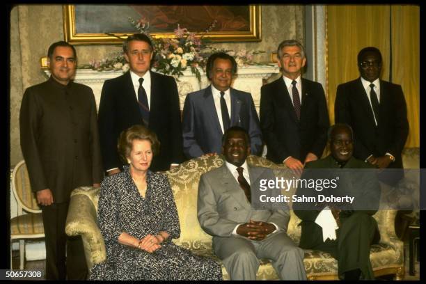 Rajiv Gandhi, Brian Mulroney, S.S. Ramphal, Robert Hawke & Robert Mugabe Margaret Thatcher, Lynden Pindling & Kenneth Kaunda at Commonwealth meeting...