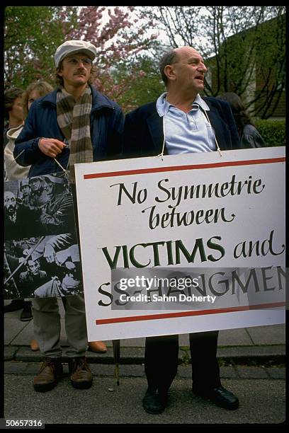 On sign during Jewish protest in remembrance of Holocaust, against Pres. Ronald Reagan's visit to Bitburg cemetery outside CDU HQ