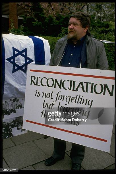 On sign during Jewish protest against Pres. Ronald Reagan's visit to Bitburg cemetery outside CDU HQ