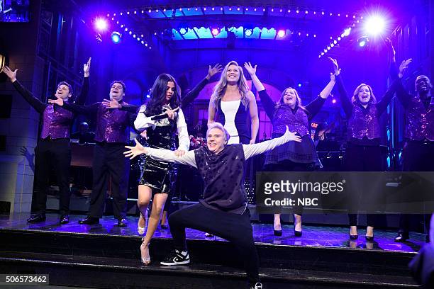 Ronda Rousey" Episode 1694 -- Pictured: Jon Rudnitsky, Bobby Moynihan, Selena Gomez, Kate McKinnon as Justin Bieber, Ronda Rousey, Aidy Bryant,...