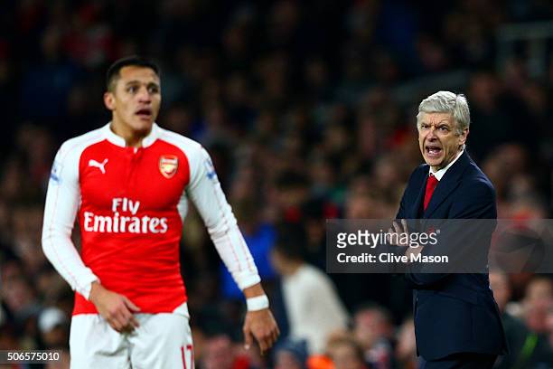 Arsene Wenger, Manager of Arsenal shouts instructions to Alexis Sanchez of Arsenal during the Barclays Premier League match between Arsenal and...