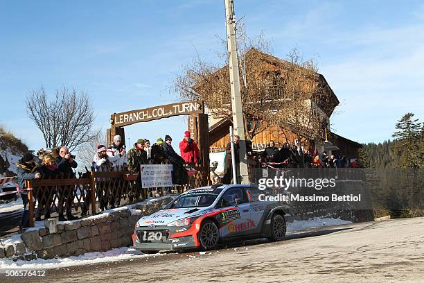 Thierry Neuville of Belgium and Nicolas Gilsoul of Belgium compete in their Hyundai Motorsport Hyundai i20 WRC during Day Four of the WRC Monte Carlo...