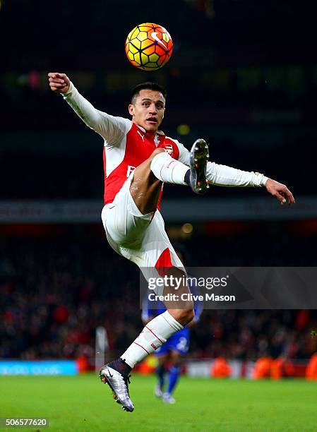 Alexis Sanchez of Arsenal controls the ball during the Barclays Premier League match between Arsenal and Chelsea at Emirates Stadium on January 24,...