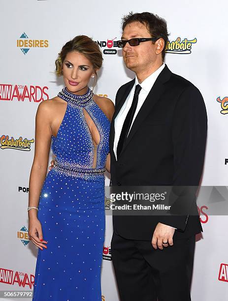 Adult film actress August Ames and adult film producer Kevin Moore attend the 2016 Adult Video News Awards at the Hard Rock Hotel & Casino on January...