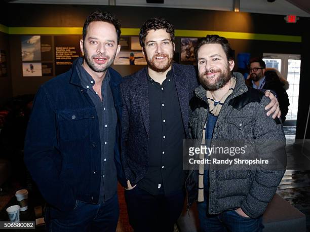 Actors Nick Kroll, Adam Pally and Charlie Day attend the Eddie Bauer Adventure House during the 2016 Sundance Film Festival at Village at The Lift on...