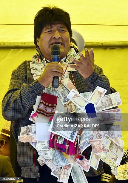 Bolivian President Evo Morales speaks at the start of the Alasitas festival on January 24 , 2016 in La Paz. The month-long annual cultural event...