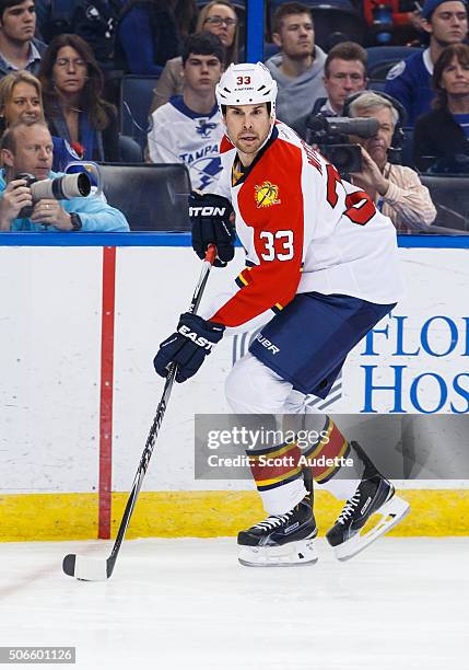 Willie Mitchell of the Florida Panthers skates against the Tampa Bay Lightning at the Amalie Arena on January 17, 2016 in Tampa, Florida.