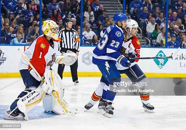 Brown of the Tampa Bay Lightning battles against Willie Mitchell of the Florida Panthers in front of goalie Roberto Luongo during the third period at...