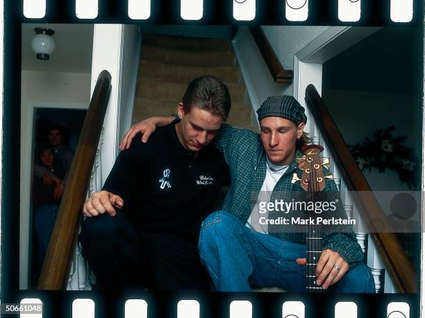 Dustin Gorton & Brett Kostainick comforting each other days after witnessing shooting rampage by students Eric Harris & Dylan Klebold at Columbine...