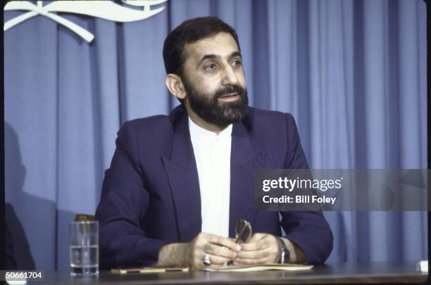 Iran's Foreign Minister Ali Akbar Velayati attending press conference following UN Security Council mtg. Regarding Iran-Iraq war peace negotiations.