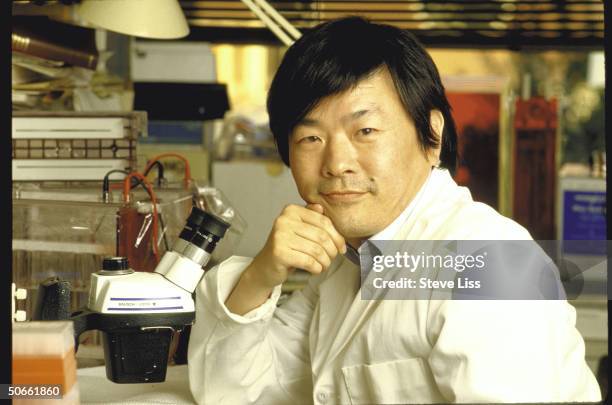 Nobel Prize winner in medicine Susumu Tonegawa sitting in his laboratory at Massachusetts Institute of Technology.