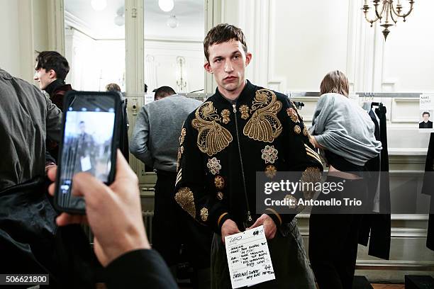 Model poses Backstage prior the Dries Van Noten Menswear Fall/Winter 2016-2017 show as part of Paris Fashion Week on January 21, 2016 in Paris,...