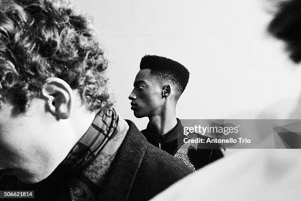 Image has been converted to black and white.) A model poses Backstage prior the Dries Van Noten Menswear Fall/Winter 2016-2017 show as part of Paris...