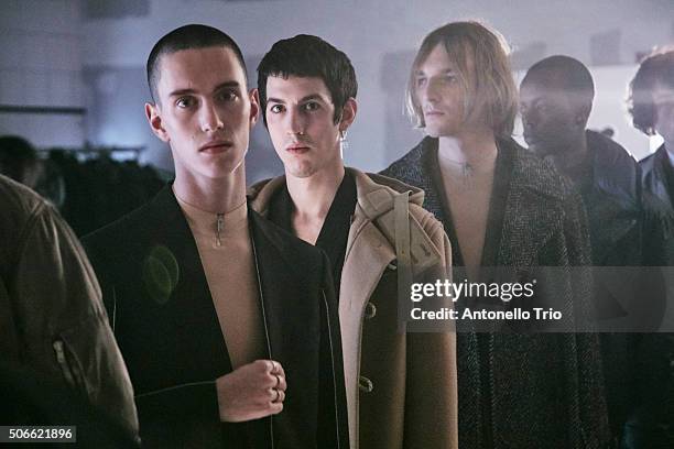 Models poses Backstage prior the Maison Margiela Menswear Fall/Winter 2016-2017 show as part of Paris Fashion Week on January 22, 2016 in Paris,...