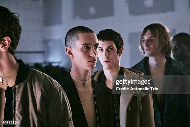 Models poses Backstage prior the Maison Margiela Menswear Fall/Winter 2016-2017 show as part of Paris Fashion Week on January 22, 2016 in Paris,...