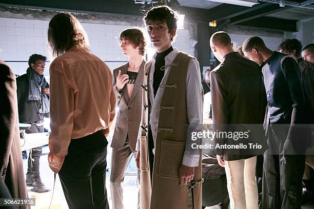 Models poses Backstage prior the Maison Margiela Menswear Fall/Winter 2016-2017 show as part of Paris Fashion Week on January 22, 2016 in Paris,...