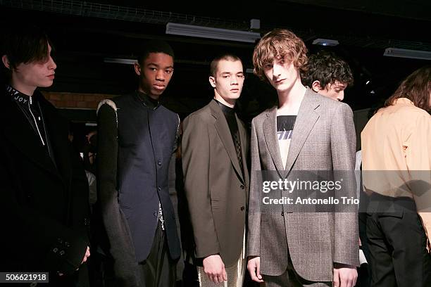 Models poses Backstage prior the Maison Margiela Menswear Fall/Winter 2016-2017 show as part of Paris Fashion Week on January 22, 2016 in Paris,...