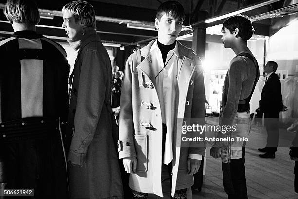 Image has been converted to black and white.) Models poses Backstage prior the Maison Margiela Menswear Fall/Winter 2016-2017 show as part of Paris...
