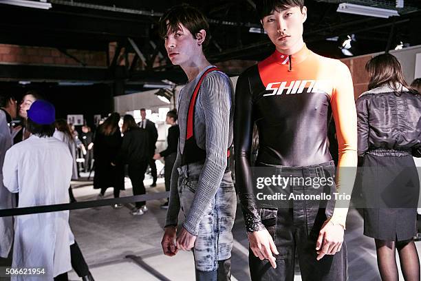 Models poses Backstage prior the Maison Margiela Menswear Fall/Winter 2016-2017 show as part of Paris Fashion Week on January 22, 2016 in Paris,...