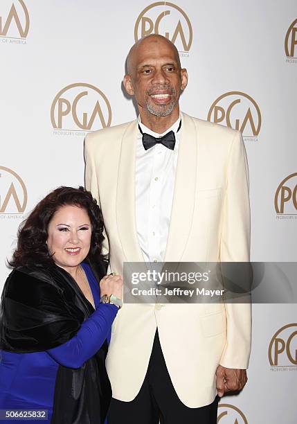 Former NBA Player Former NBA Player Kareem Abdul-Jabbar and producer Deborah Morales arrive at the 27th Annual Producers Guild Awards at the Hyatt...