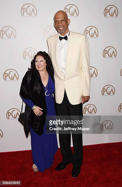 Former NBA Player Former NBA Player Kareem Abdul-Jabbar and producer Deborah Morales arrive at the 27th Annual Producers Guild Awards at the Hyatt...