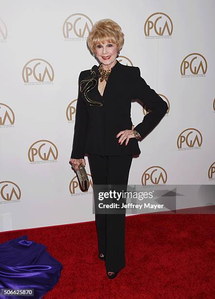 Actress Karen Sharpe arrives at the 27th Annual Producers Guild Awards at the Hyatt Regency Century Plaza on January 23, 2016 in Century City,...