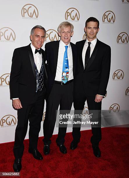 Director Steve Martino, writer/producer Craig Schulz and producer Michael J. Travers arrive at the 27th Annual Producers Guild Awards at the Hyatt...