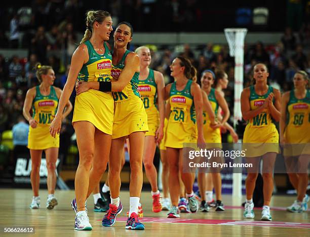 Caitlin Thwaites and Sharni Layton of Australia celebrate after winning the third match and also the International Netball Series between England and...