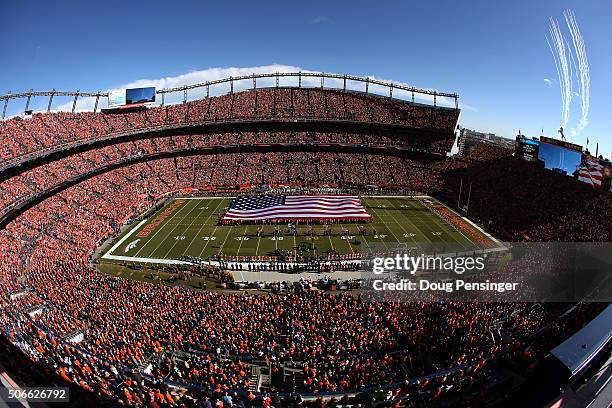 General view during the national anthem before the AFC Championship game between the New England Patriots and the Denver Broncos at Sports Authority...