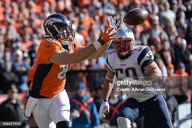 Owen Daniels of the Denver Broncos makes a catch and runs into the end zone for a touchdown in the first quarter. The Denver Broncos played the New...
