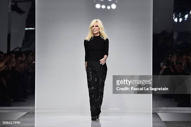 Donatella Versace walks the runway during the Versace Spring Summer 2016 show as part of Paris Fashion Week on January 24, 2016 in Paris, France.